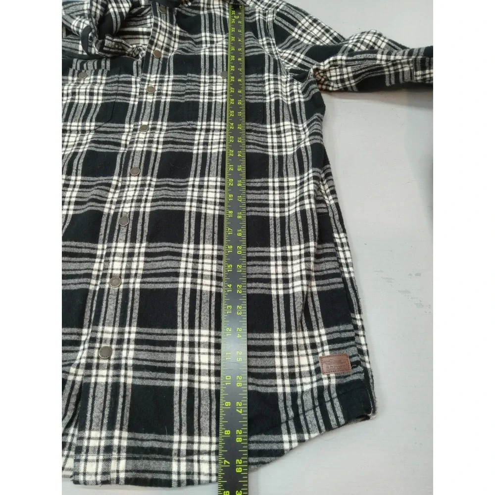 LL Bean Men's Hooded Plaid Flannel Shirt Jacket Black‎ White Size M Tall Fleece